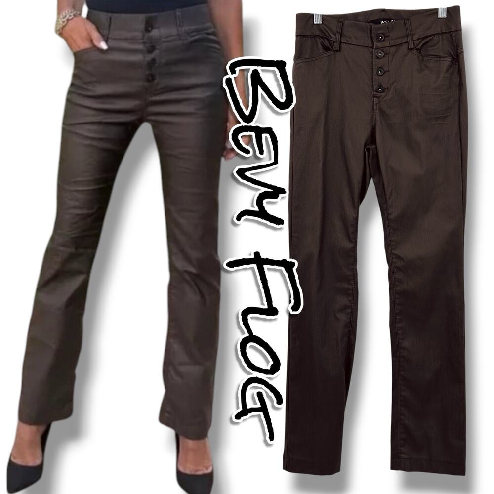 Bevy Flog Chocolate Brown Coated Skinny Straight Leg Pants Sz 26 Made In Israel